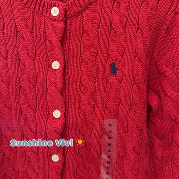 NEW Polo Ralph Lauren Women Cotton Cable Knit Cardigan Sweater Red medium - Picture 9 of 10